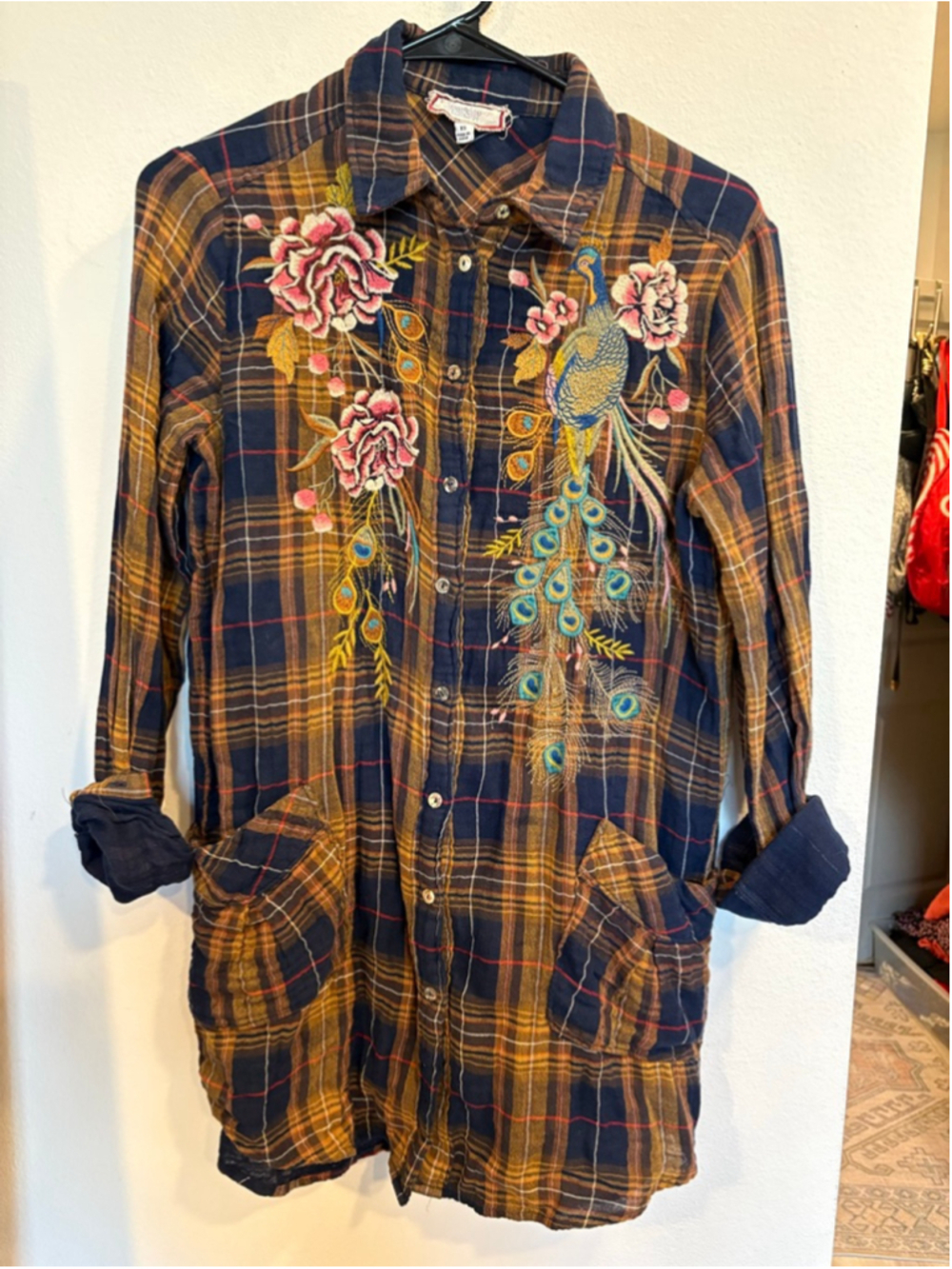 Johnny Was Quito Plaid Painters Smock Embroidered Peacock Tunic